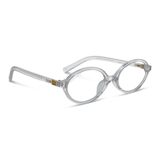 Blueberry Transparente vista angulada de lentes de lectura ovalados para mujer tipo miu miu con filtro de luz azul para las pantallas)