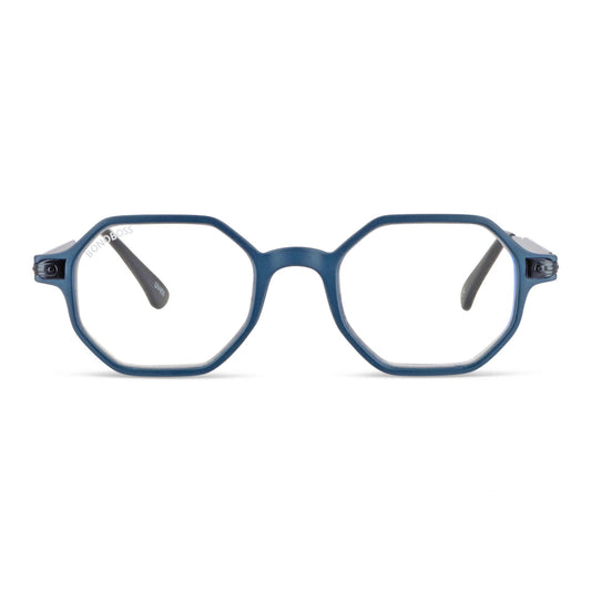 Puerto Octay Blue vista angulada anteojos gafas de lectura para leer de cerca de forma geometrica octagonales de color azul para hombre y mujer de cara redonda grande en plastico reciclado y lentes con filtro de luz azul