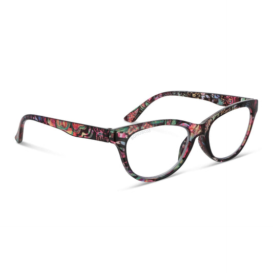 Alice Floral vista angulada de lentes de lectura multicolor de forma agatada para mujer de cara redonda grande