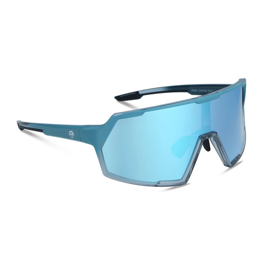 gafas lentes anteojos de sol espejados deportivos grandes para hacer deporte o andar en bicicleta de color verde con blanco con lentes espejadas de color azul vista lateral #color_sky