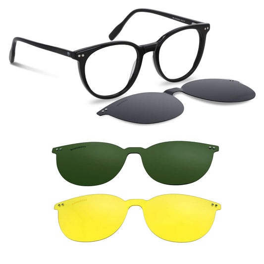 anteojos o marcos ópticos con iman o clip de sol polarizados de forma redondos para hombres y mujeres. Vista angulada y armazones de color negro #color_negro