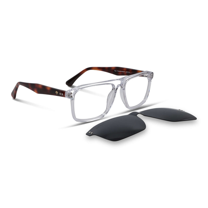 Eyeglasses frames optical frames with sun clip-on polarized rectangular larges in sustainable acetate biodegradable a angled view of the color Bonoboss #color_transparente