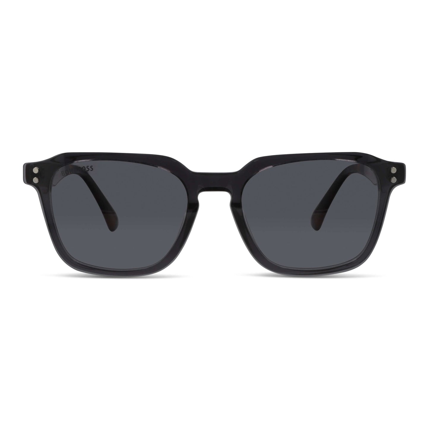 armazón óptico con clip de sol polarizado geometrico marco optico acetato sustentable biodegradable para hombre y mujer de cara ovalada grande vista frontal de color #color_transparente