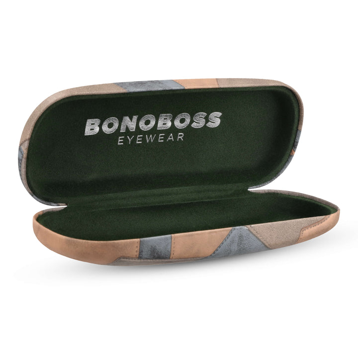 Estuche almeja for eyeglasses eyewear lenses optical lectura tipo almeja duro distribuidor mayorista brown with microfibra interior green Bonoboss #color_cafe