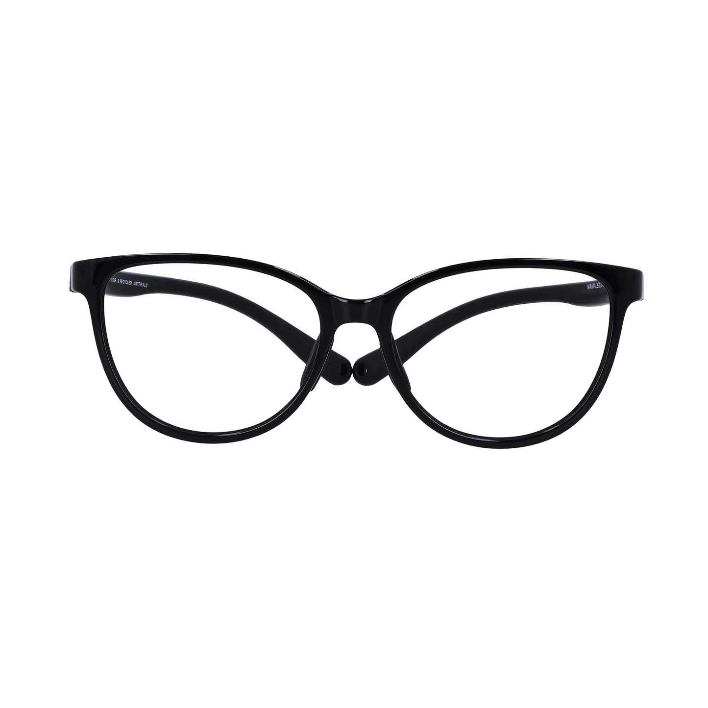 vista frontal de unos marcos o armazones para niña de forma agatada de color negro #color_negro