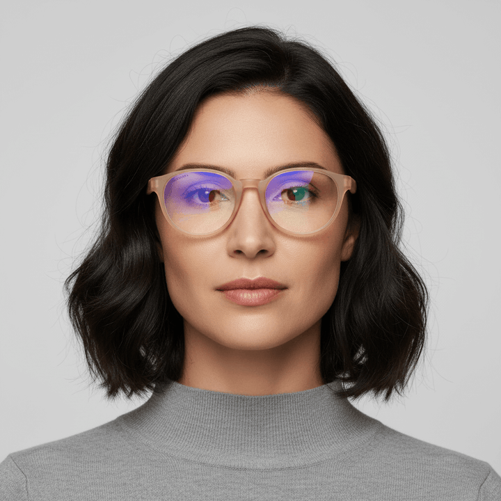 La front view a women pelo black suelto wearing eyeglasses optical frames prescription tamaño large oversized color duranzo. bonoboss mayorista and optical distributor #color_peach