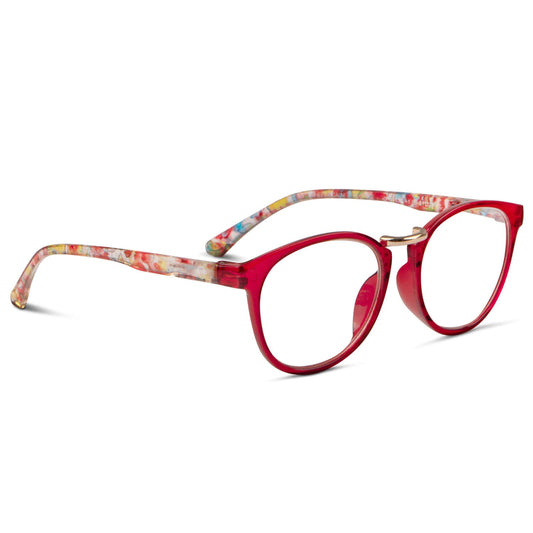 vista lateral de anteojos de lectura redondos para hombre y mujer de color rojo y puente metálico de color dorado. marcos para presbicie o vista cansada