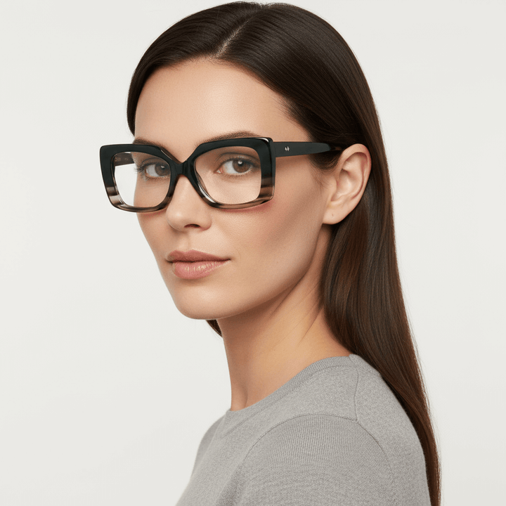 La side view a women cara ovalada and pelo liso largo suelto wearing unos frames optical frames sustainables in acetate recycled bonoboss forma rectangular oversized larges de #color_honey-green