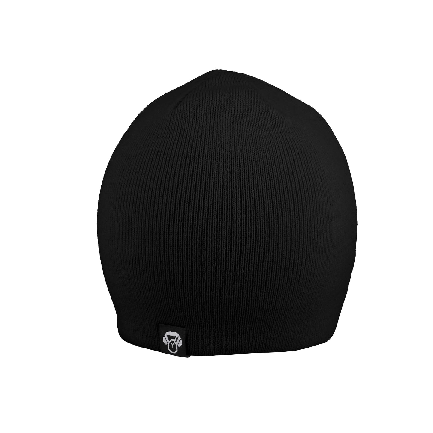 gorro beanie de lana merino de color negro con el logo bonoboss en una etiqueta negra con blanco. Gorros por mayor beanies de invierno para el frio regalos ecologicos sustentables por mayor
