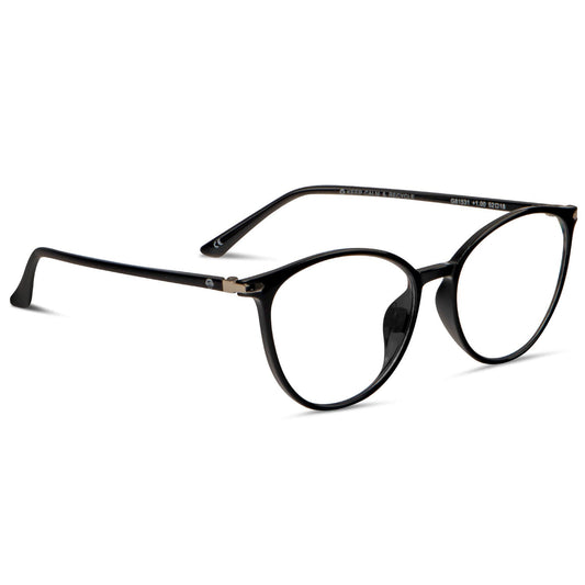 vista angulada de anteojos de lectura de forma agatada y de color negro para hombre y mujer de cara redonda