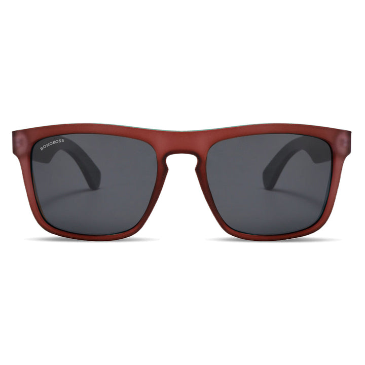Sunglasses polarized for men and women rectangular red with wooden temples natural sustainable. marco recycled plastic with lenses polarized Bonoboss #color_wine