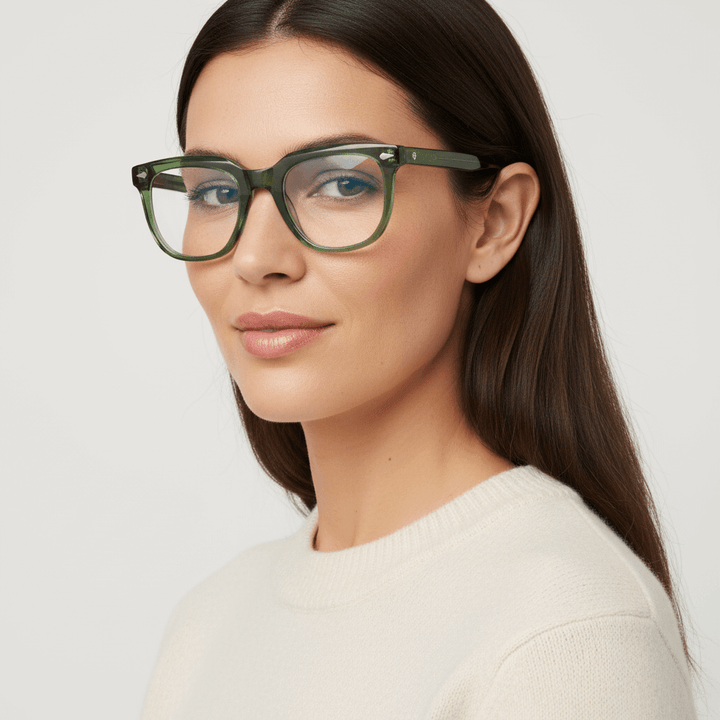 Side view a women cara ovalada and pelo liso color castaño sonriendo wearing eyeglasses optical frames biodegradable the marca bonoboss in sustainable acetate recycled forma rectangular cuadrada and de #color_verde