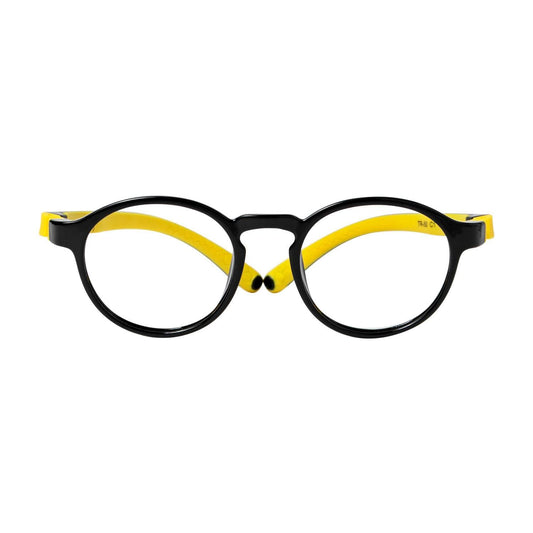 Anteojos de niña y niño de color rosado de forma redonda con cristales opticos con receta indestructibles como los miraflex de color negro y amarillo vista frontal #color_negro