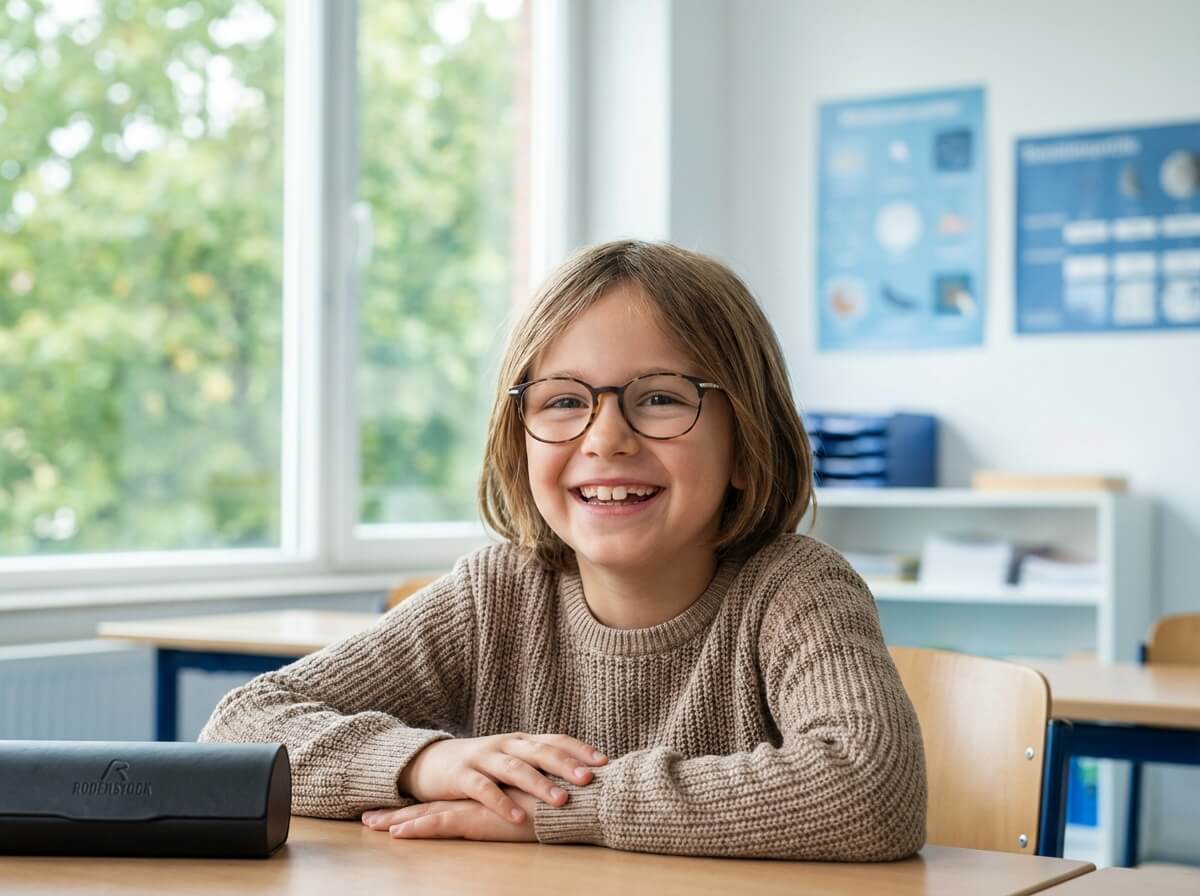 Niño sonriendo usando lentes MyCon de Rodenstock para control de miopía