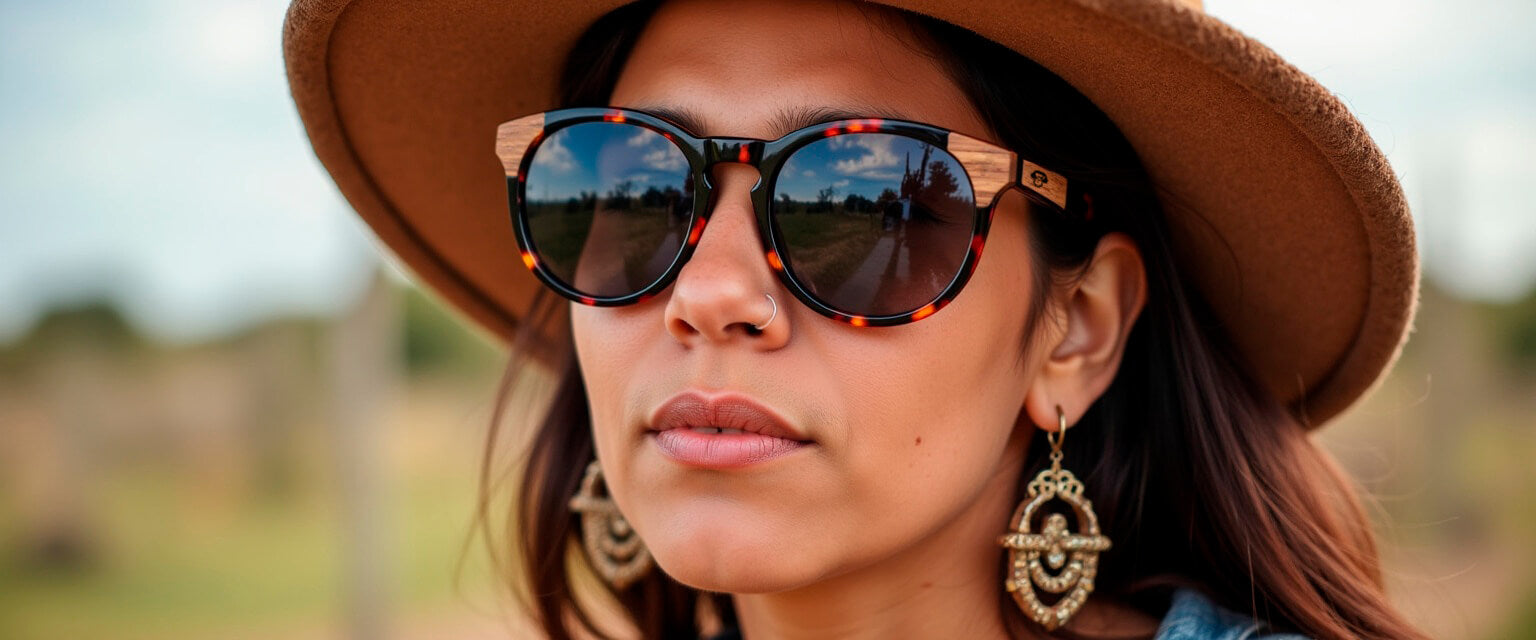 hombre mujer usando anteojos de sol polarizados redondos de manera sustentable de madera natural y plastico reciclado 