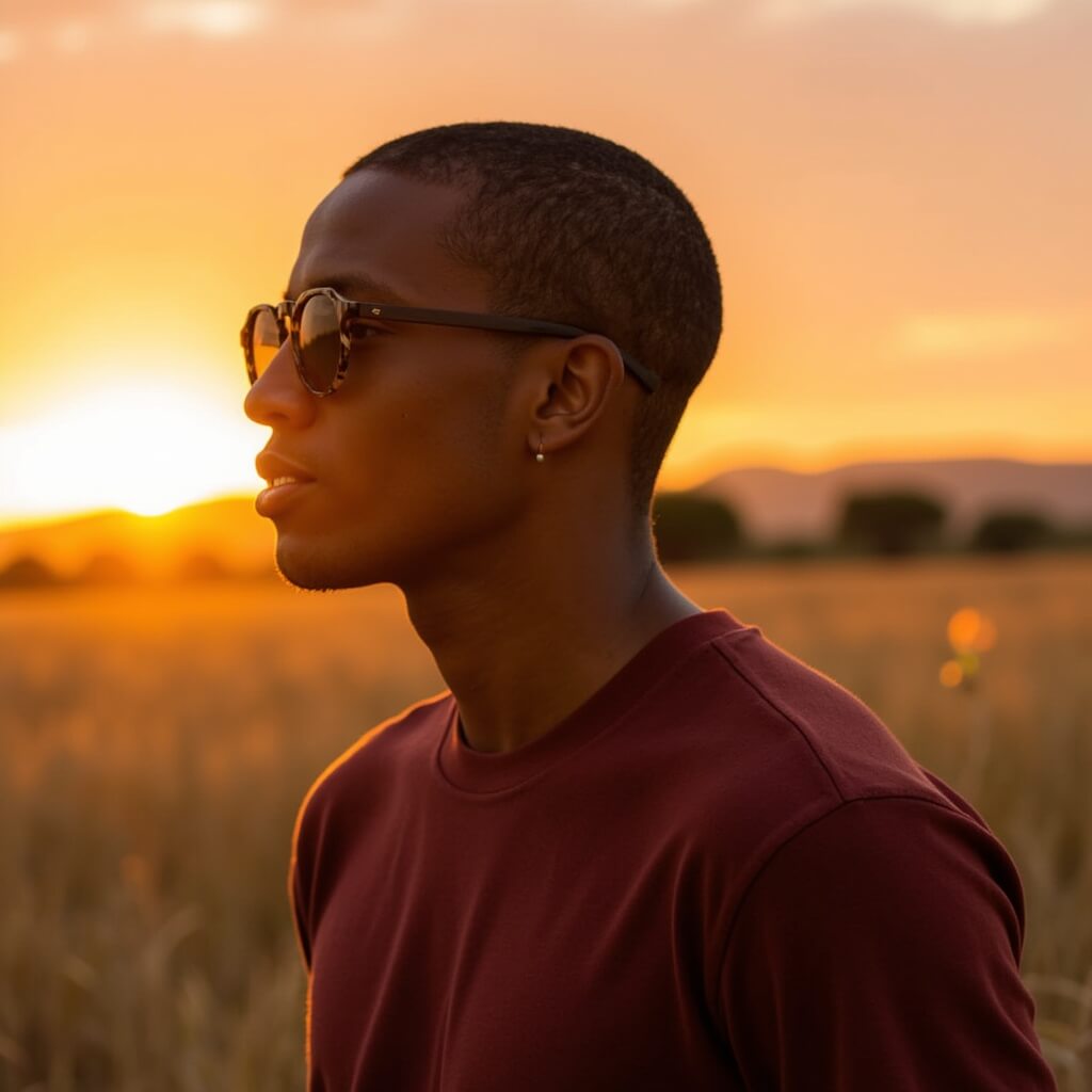 hombre moreno en un atardecer usando anteojos de sol polarizados modelo galapagos de plastico reciclado y patas de madera natural de nogal #color-marco_carey