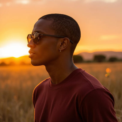 hombre moreno en un atardecer usando anteojos de sol polarizados modelo galapagos de plastico reciclado y patas de madera natural de nogal #color-marco_carey