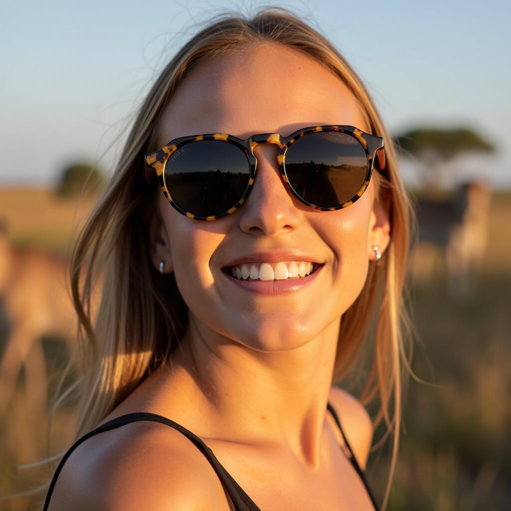 mujer de cara redonda con anteojos de color carey sonriendo y mirando al frente #color-marco_carey