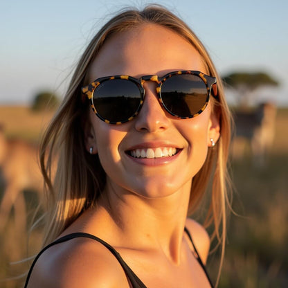 mujer de cara redonda con anteojos de color carey sonriendo y mirando al frente #color-marco_carey
