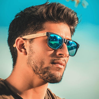 anteojos de sol rectangulares polarizados negros pata de madera  para hombre y mujer con lentes de color sky #color-marco_negro