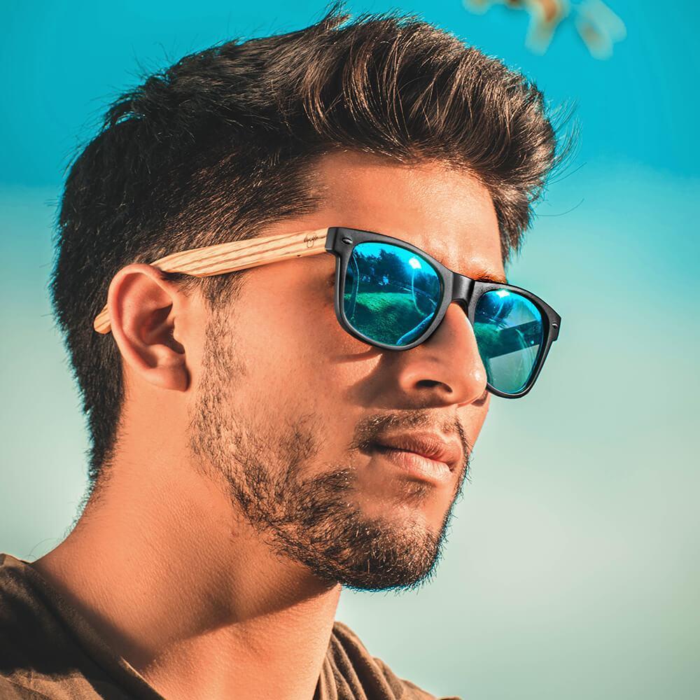 anteojos de sol rectangulares polarizados negros pata de madera  para hombre y mujer con lentes de color sky #color-marco_negro