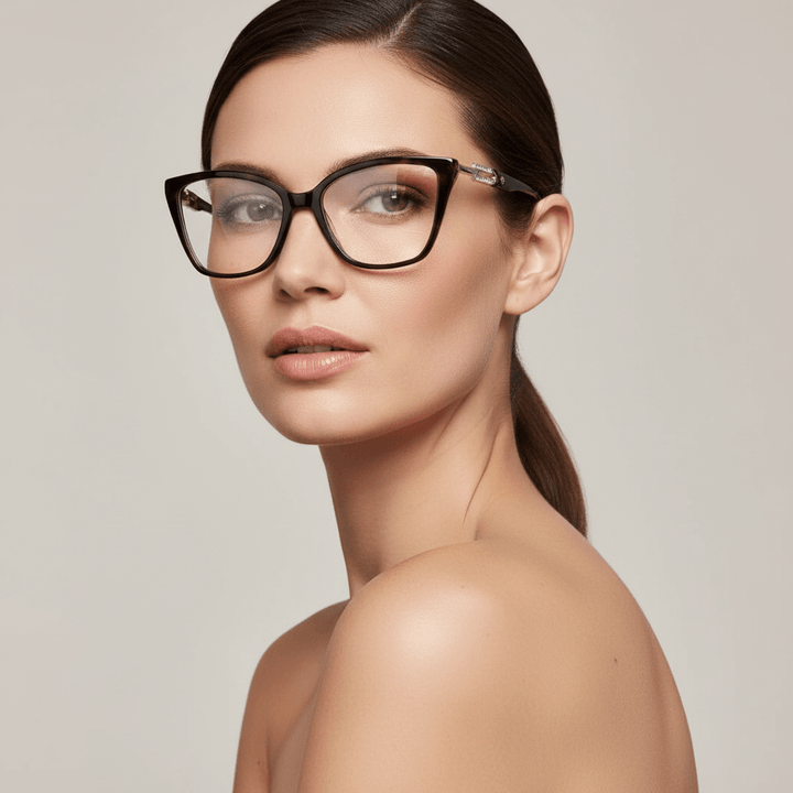 Una modelo women pelo tomado guapa wearing eyeglasses optical frames bonoboss prescription moedlo agate pattern #color_carey
