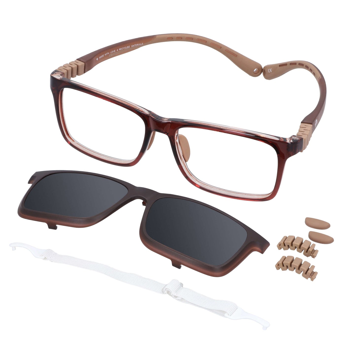 marcos opticos armazones para niños y niñas con clip polarizado de color café con repuestos de las bisagras y los nosepads. Se ve también en la parte inferior de la fotografía un colgante de lentes de color negro. El armazon es de forma rectangular para adolescentes de cara redonda vista angulada #color_brown