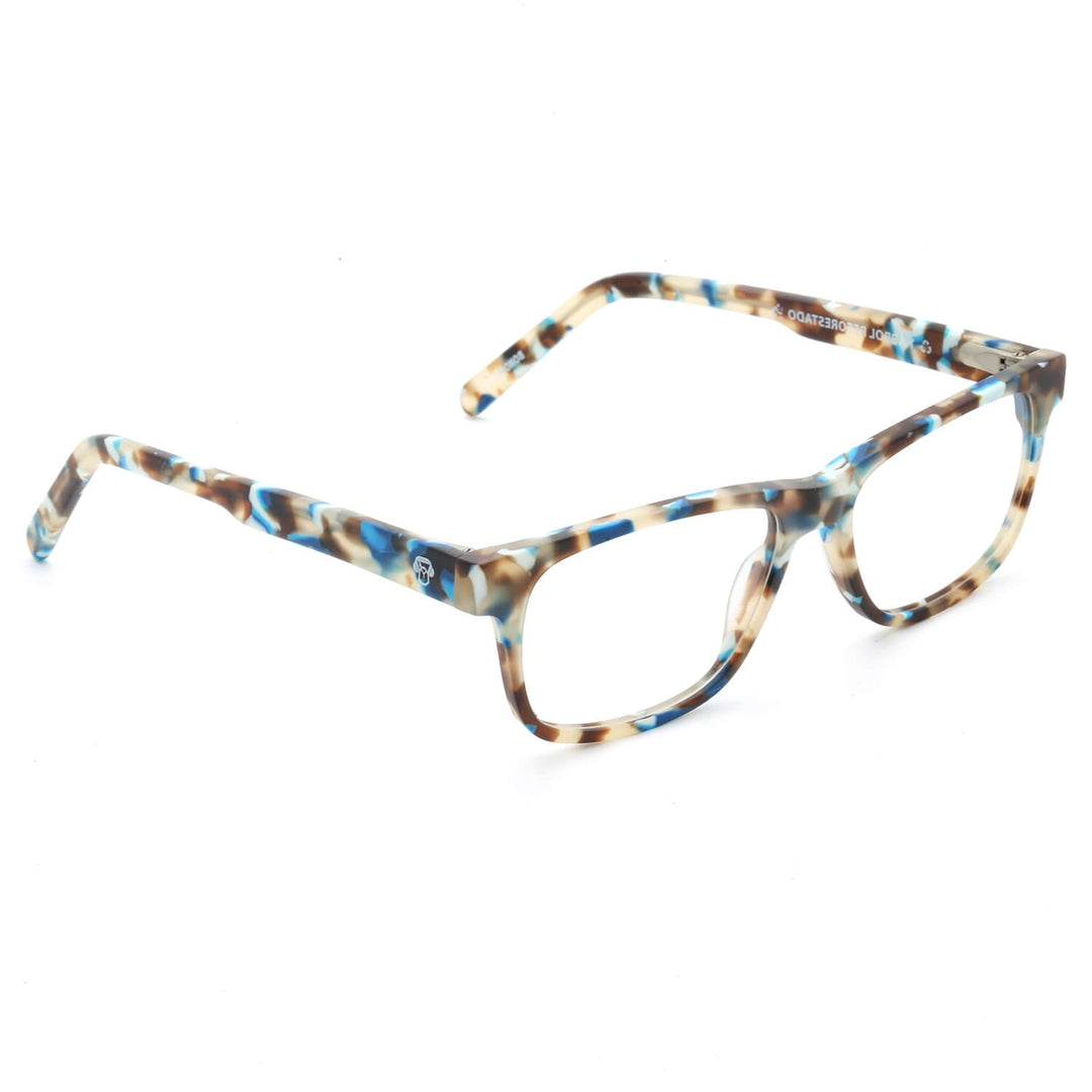 La side view 45º a modelo women round face wearing unos frames optical frames prescription lenses forma rectangular de Bonoboss #color_transparente