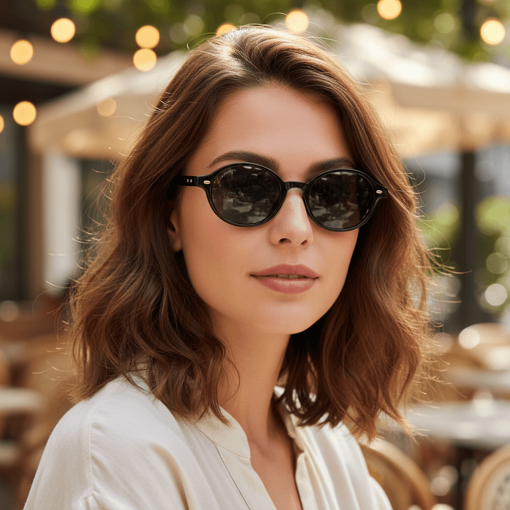 vista lateral de una modelo mujer de cara redonda usando lentes de sol ovalados color negro con lentes negros. Lentes ovalados retro de moda para hombre y mujer #color_black