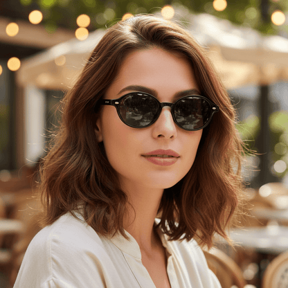 vista lateral de una modelo mujer de cara redonda usando lentes de sol ovalados color negro con lentes negros. Lentes ovalados retro de moda para hombre y mujer #color_black