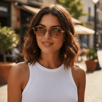 vista lateral de una modelo usando lentes de sol ovalados color champagne con lentes degradé cafe. Lentes ovalados retro de moda para hombre y mujer #color_champagne