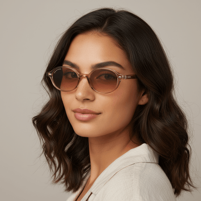 vista lateral de una mujer usando lentes de sol ovalados color champagne con lentes degradé cafe. Lentes ovalados retro de moda para hombre y mujer #color_champagne