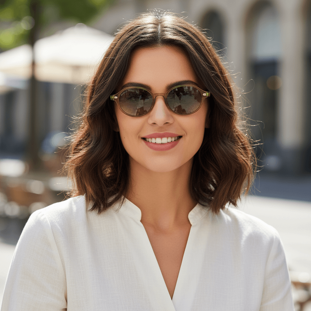 vista frontal gafas de sol polarizadas ovaladas color oliva con lentes de color degrade oliva modelo Capri de Bonoboss. Anteojos ovalados retro de moda para hombre y mujer #color_olive-light