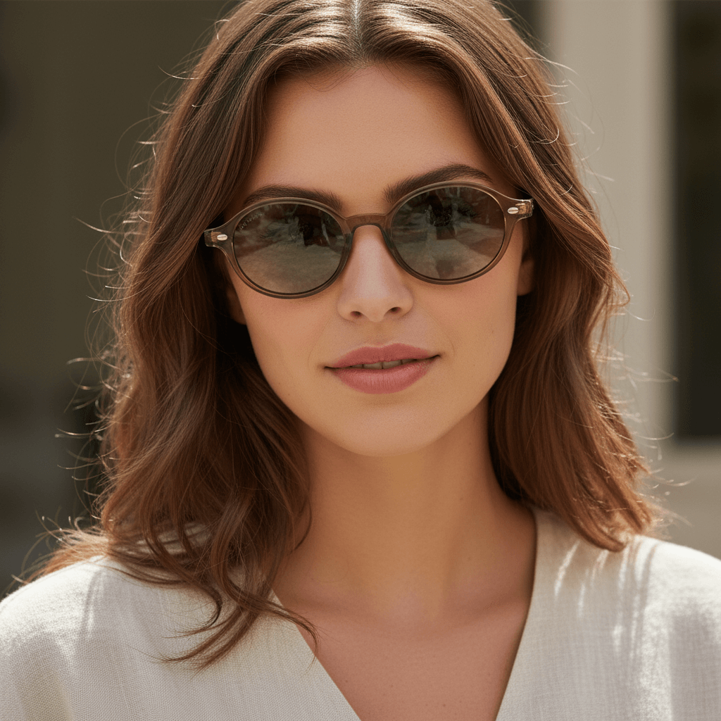 Front view sunglasses polarized ovaladas color oliva with color lenses gradient oliva modelo capri bonoboss. eyeglasses oval retro moda for men and women #color_olive-light