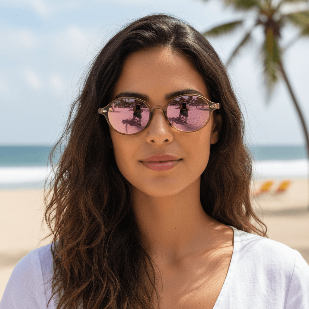 Front view a women at the beach cara ovalada wearing sunglasses polarized ovaladas color rose espejadas with color lenses pink mirrored modelo capri bonoboss. eyeglasses oval retro moda for men and women #color_rose