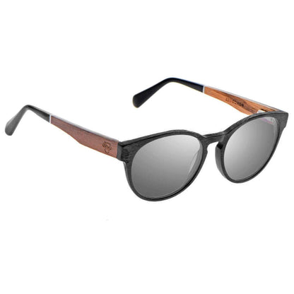anteojo de sol redondo polarizado con patas de madera natural