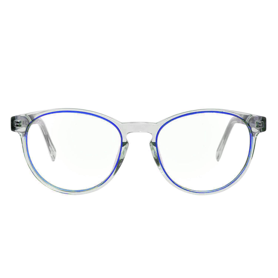 Eyeglasses optical round acetate recycled sustainable with wooden temples natural liviano and comodo prescription multifocal Bonoboss #color_azul