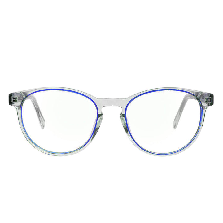 Eyeglasses optical round acetate recycled sustainable with wooden temples natural liviano and comodo prescription multifocal Bonoboss #color_azul