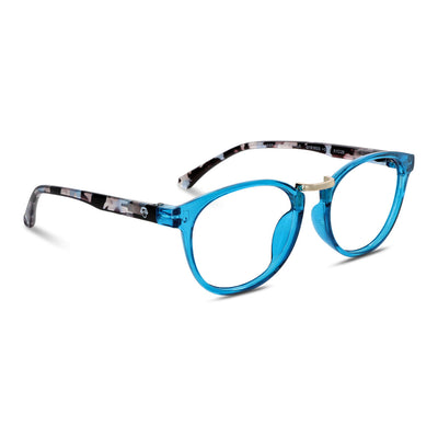 anteojos de lectura marcos redondos de color azul con puente metalico para hombre y mujer con filtro azul vista lateral