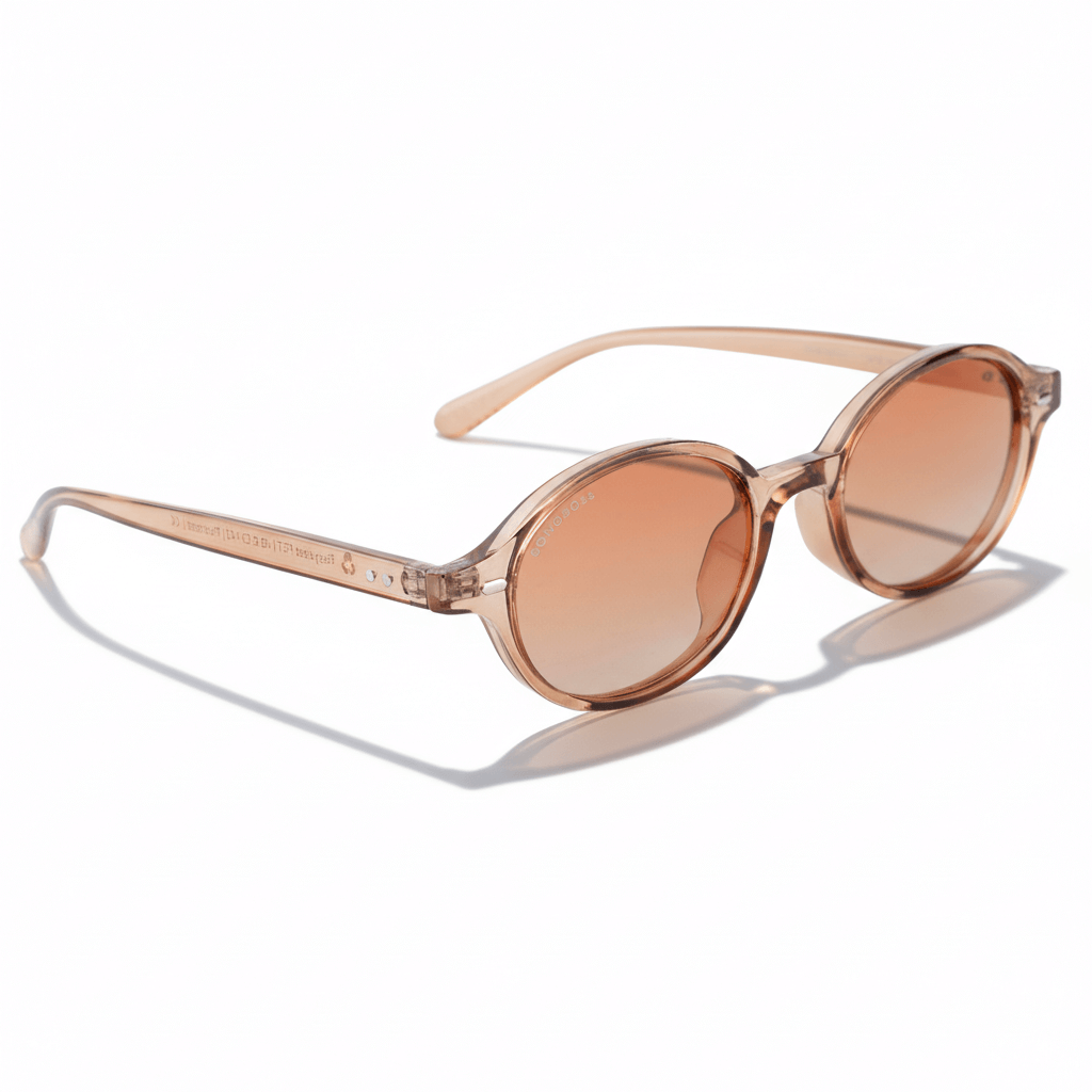 Angled view 45º sunglasses oval color champagne with lenses gradient brown. lenses oval retro moda for men and women Bonoboss #color_champagne