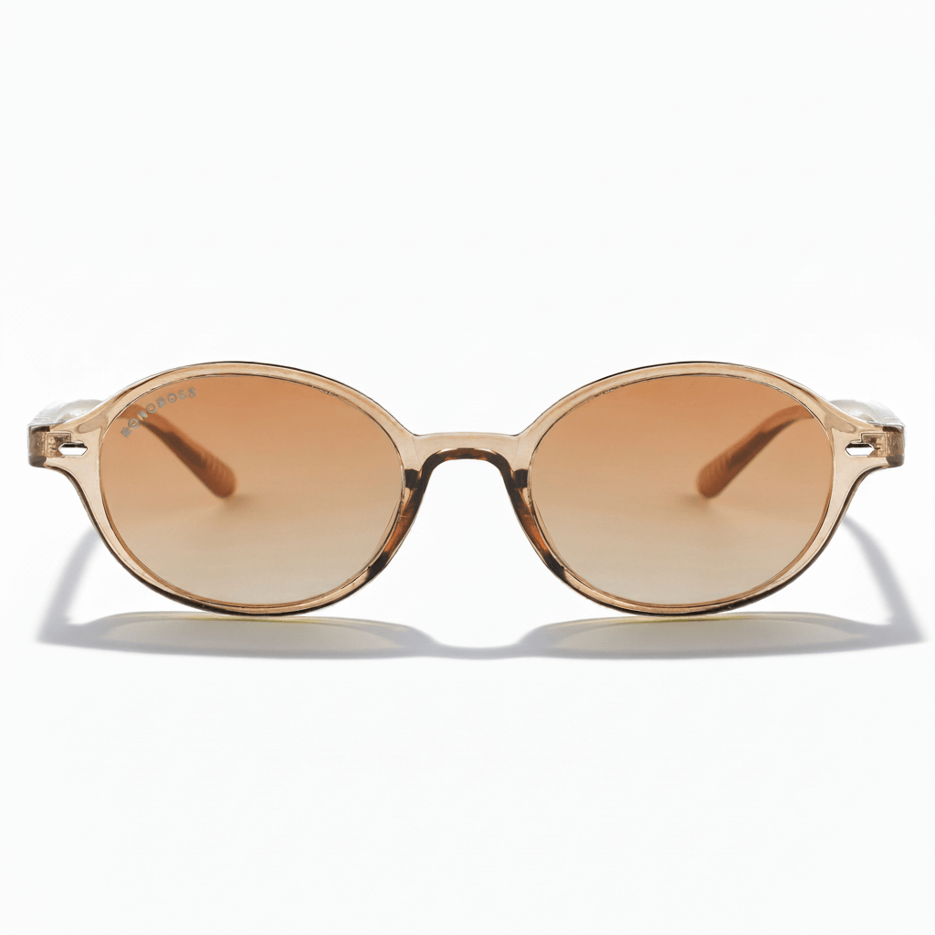 vista frontal de lentes de sol ovalados color champagne con lentes degradé cafe. Lentes ovalados retro de moda para hombre y mujer #color_champagne