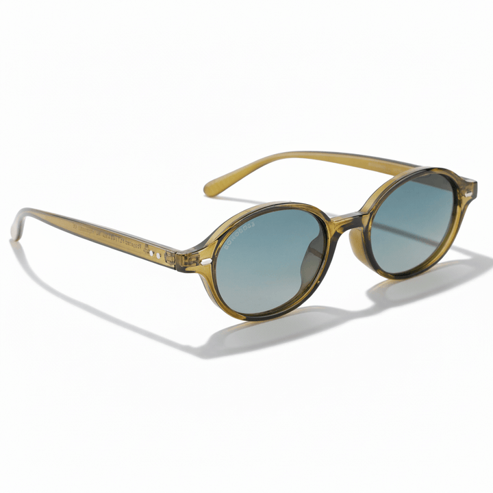 Angled view 45º sunglasses polarized ovaladas color oliva with color lenses gradient oliva modelo capri bonoboss. eyeglasses oval retro moda for men and women #color_olive-light
