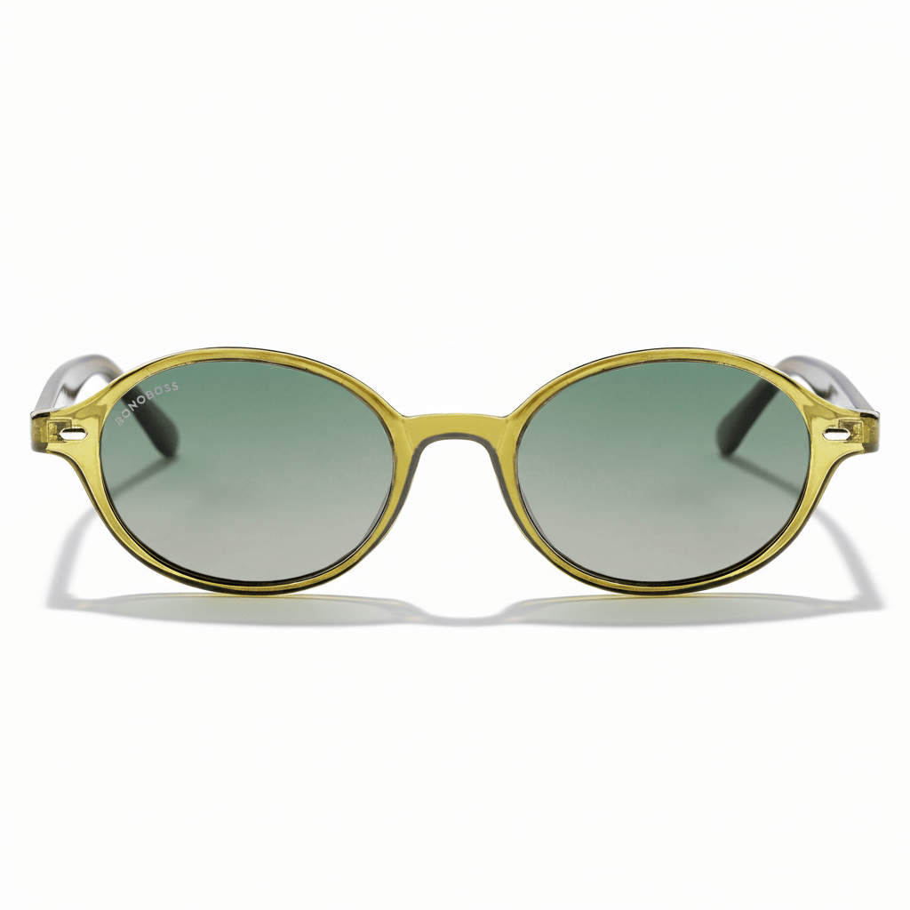vista frontal gafas de sol polarizadas ovaladas color oliva con lentes de color degrade oliva modelo Capri de Bonoboss. Anteojos ovalados retro de moda para hombre y mujer #color_olive-light