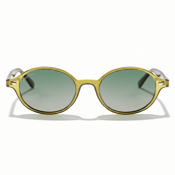 Front view sunglasses polarized ovaladas color oliva with color lenses gradient oliva modelo capri bonoboss. eyeglasses oval retro moda for men and women #color_olive-light