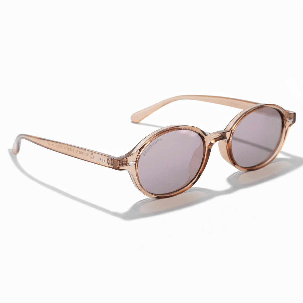 Angled view 45º sunglasses polarized ovaladas color champagne with color lenses pink mirrored modelo capri bonoboss. eyeglasses oval retro moda for men and women #color_rose