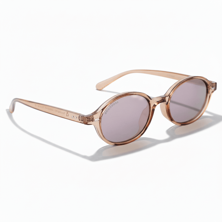 Angled view 45º sunglasses polarized ovaladas color champagne with color lenses pink mirrored modelo capri bonoboss. eyeglasses oval retro moda for men and women #color_rose
