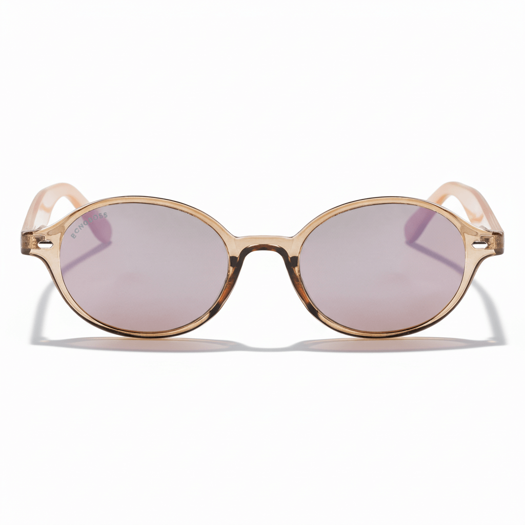 vista frontal gafas de sol polarizadas ovaladas color champagne con lentes de color rosado espejado modelo Capri de Bonoboss. Anteojos ovalados retro de moda para hombre y mujer #color_rose