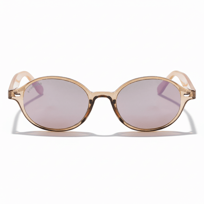 vista frontal gafas de sol polarizadas ovaladas color champagne con lentes de color rosado espejado modelo Capri de Bonoboss. Anteojos ovalados retro de moda para hombre y mujer #color_rose