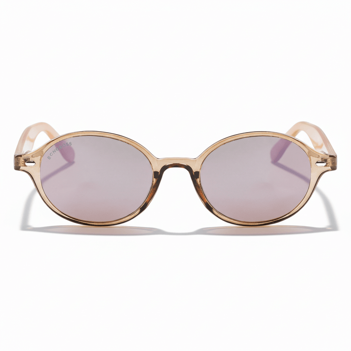 Front view sunglasses polarized ovaladas color champagne with color lenses pink mirrored modelo capri bonoboss. eyeglasses oval retro moda for men and women #color_rose