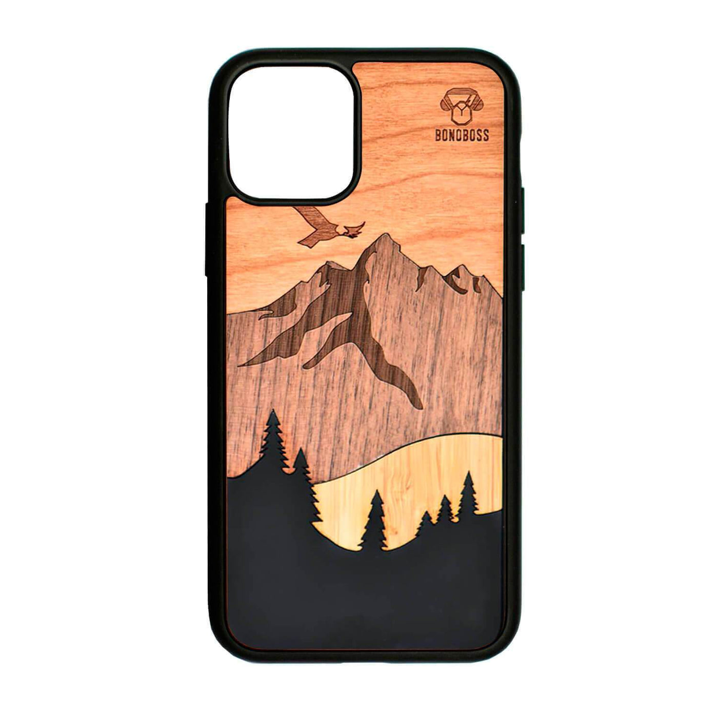 carcasa para iphone de madera sustentable de cerezo, noga, y bambú con un cóndor sobrevolando la cordillera de los andes. Diseñada para iPhone resistente absorbe caidas protege pantalla. Carcasa para iPhone 11, 12, 13 y 14